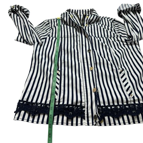 CHICOS Blue White Stripe Sateen Cotton Crochet Jacket Size Small (0) Gold Button - Picture 10 of 11